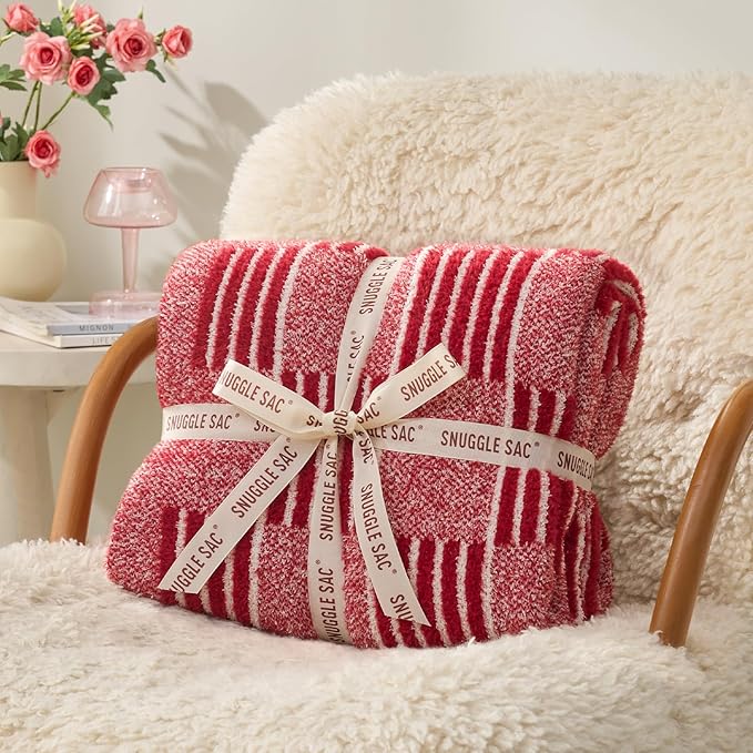 Snuggle Sac Red Checkered Christmas Throw Blanket,Super Soft Reversible Cozy Warm Blanket for Couch Sofa Bedroom,Cute Lightweight Striped Throws for Women,Heather Red,50x60 inches