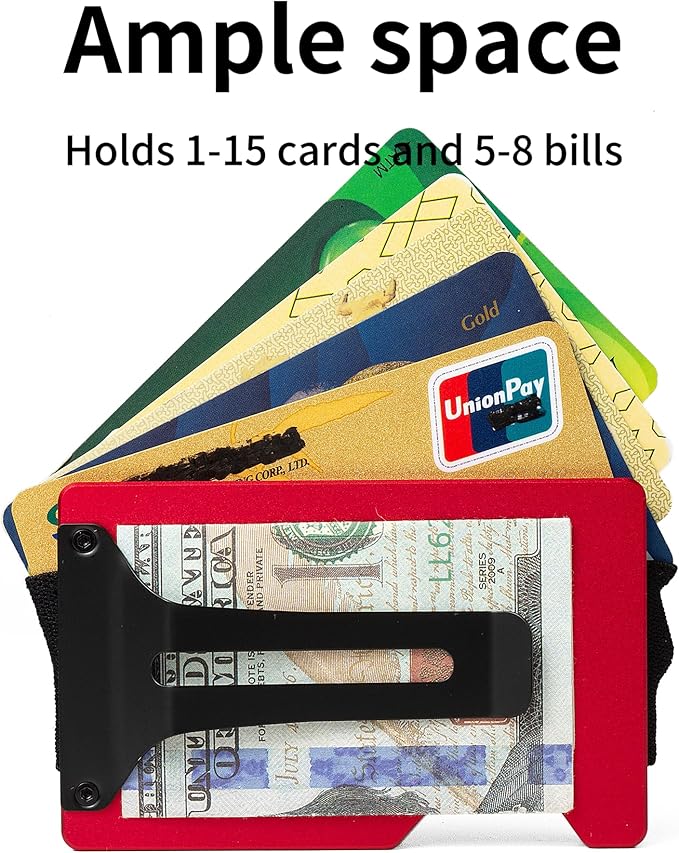 Carbon Fiber Minimalist Wallet for Men Credit Card Holder Money Clip & Cash Strap Slim RFID Mens Wallets(Matte Red)