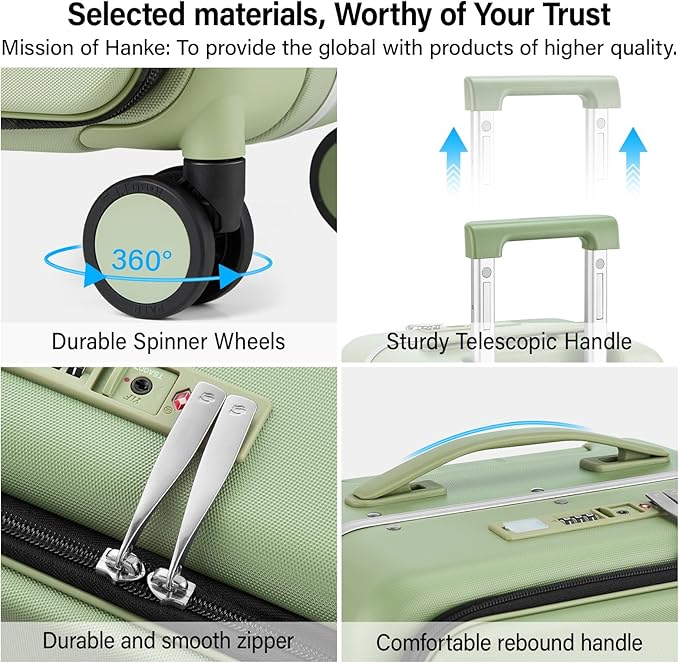 Hanke 20 Inch Carry On Luggage with Cup Holder and Charge,Top Opening Hard Shell Suitcases with Wheels and Dividers,Aluminum Frame Trunk Luggage Small Suitcase with Lock for Travel,Bamboo Green