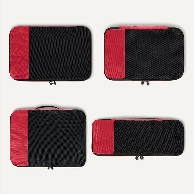 Amazon Essentials 4-Piece Packing Cubes Travel Accessories Set, Luggage Organizer, Double Zipper, Mesh Top, Space-Saving Suitcase Organizer, Small/Medium/Large/Slim, Red (Previously Amazon Basics)