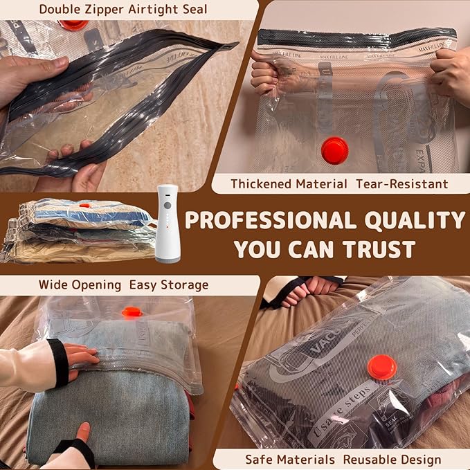 Travel Vacuum Bags with Wireless Rechargeable Pump, Vacuum Seal Bags for Clothing, Compression Space Saver for Luggage & Suitcase, 12 Combo Travel Size