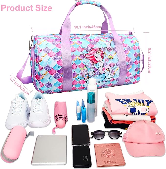 Gym Travel Duffle Bag for Girls - Gymnastics Sports Dance Bag with Shoe Compartment & Wet Pocket Mermaid Kids Travel Bag Teens Weekender Sleepover Carry On Bag