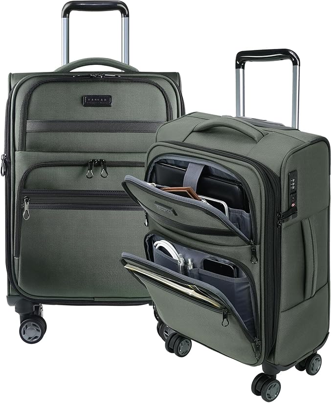 KROSER Softside Expandable Carry On Luggage with Front Business Pockets，20 Inch Suitcases with Spinner Wheels & Built-in TSA Lock, Durable Suitcase Rolling Luggage with USB Port, Army Green
