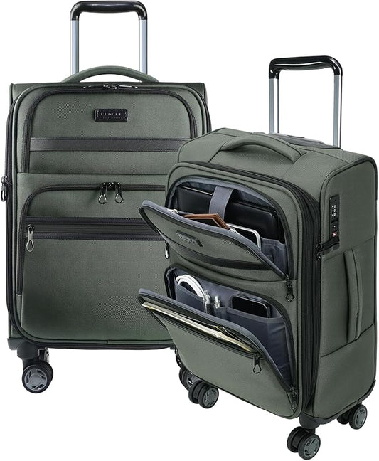 KROSER Softside Expandable Carry On Luggage with Front Business Pockets，20 Inch Suitcases with Spinner Wheels & Built-in TSA Lock, Durable Suitcase Rolling Luggage with USB Port, Army Green