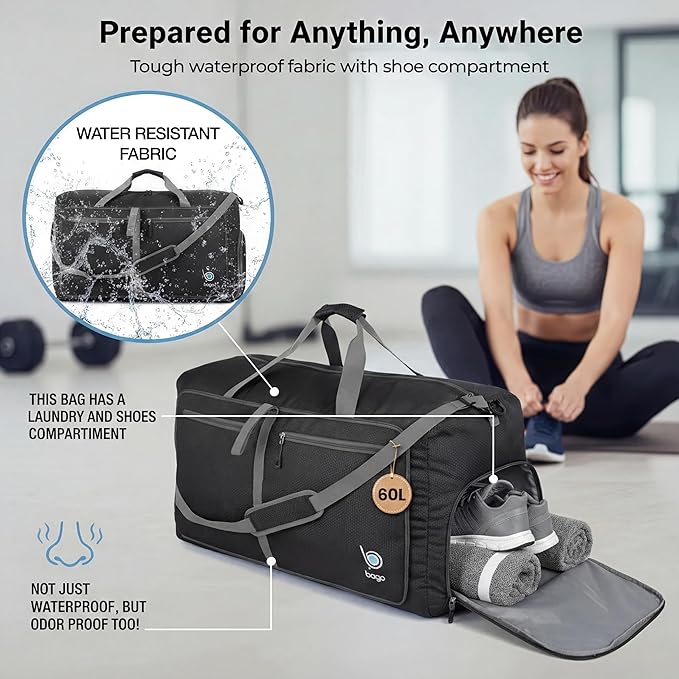 Bago Medium Duffle Bag for Travel Women & Men. Durable Lightweight Foldable Travel Duffel Bags For Traveling Women. 60L Duffle Bags For Overnight Bag With Shoe Compartment Collapsible Weekender duffel