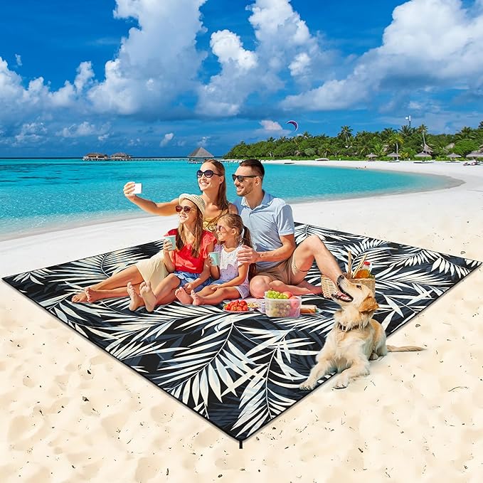 HIHOHO Beach Blanket Waterproof Sandproof Beach Mat 79”x 83” for 1-8 Adults Quick Drying Durable Outdoor Picnic Mat for Beach Festival Travel Camping Hiking (BK&W-Palm, 79"×83"(4 Person))