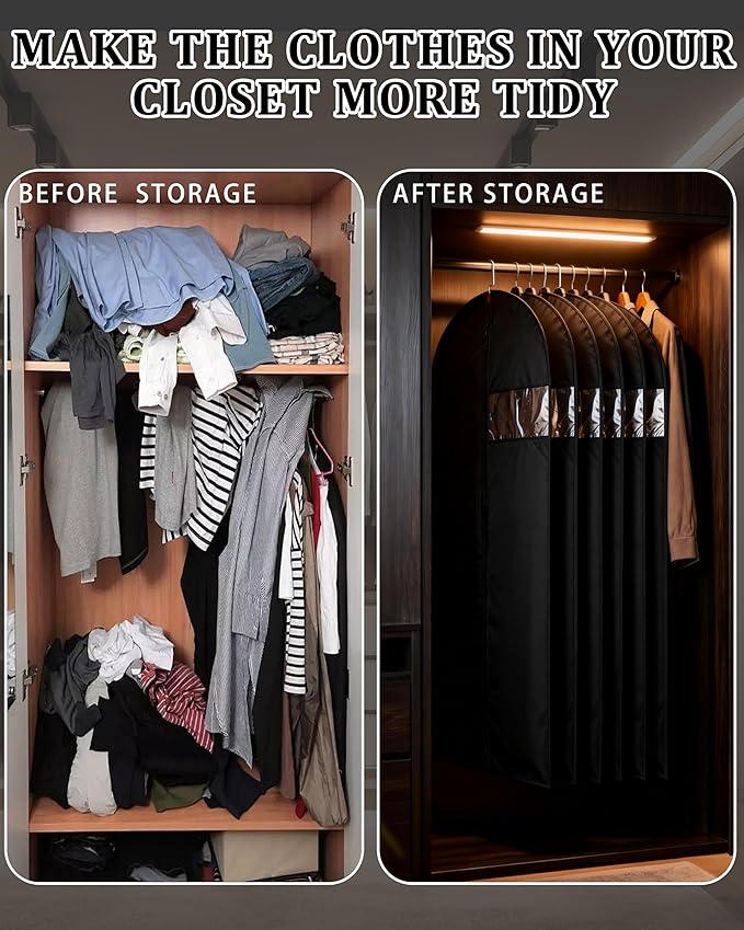 55-Inch Garment Bags for Hanging Clothes, Clear Window Dust-Proof Suit Bags for Suits Coats Dresses - Closet Storage & Travel Garment Covers (Black)