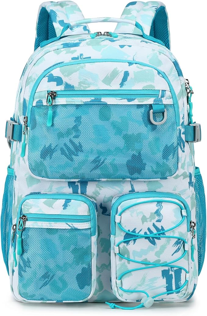 Lohol Multi-Pocket Backpack for Travel College, Heavy Duty Big Bookbag with 15.6 inch Laptop Compartment (Green Graffiti