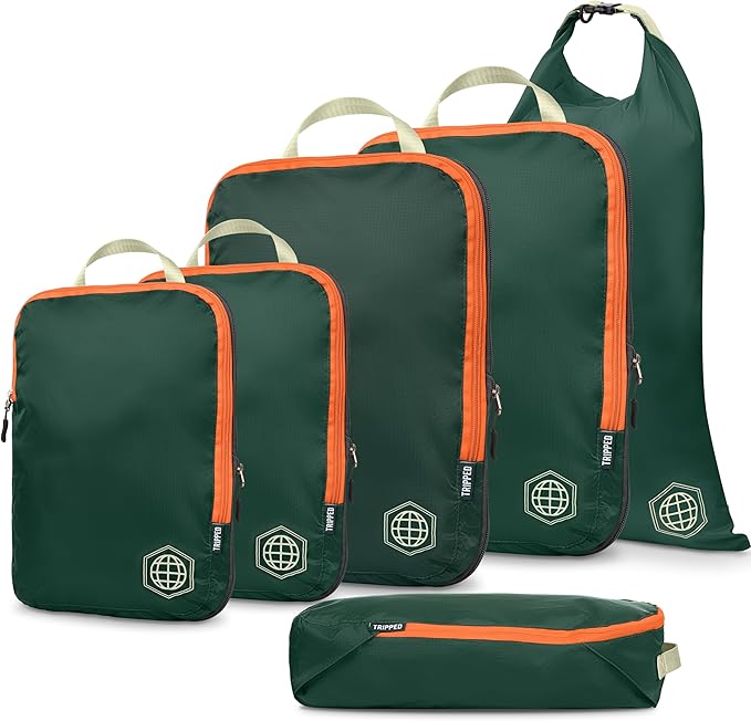 Compression Packing Cubes 6 Piece Set for Carryon Suitcases- Lightweight, Durable Clothes Organizer (Green and Orange)