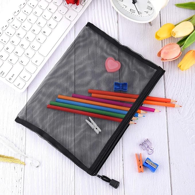 Outus 15 Pieces Mesh Bags Pouch Mesh Zipper Pouch Makeup Bags Cosmetic Travel Organizer Zipper Pencil Case for Organizing Office travel Storage(9.5 x 7.1 Inches,Black)