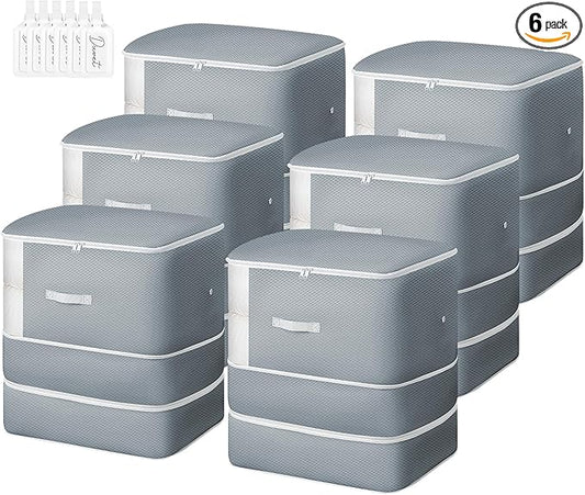 Comforter Storage Bag - Extra Large Capacity Blanket Storage Bags 3-Layer Ultra Space Saving Self Compression Organizer, Washable Compression Bags for Storage Comforter Blanket, 6-Pack, Grey