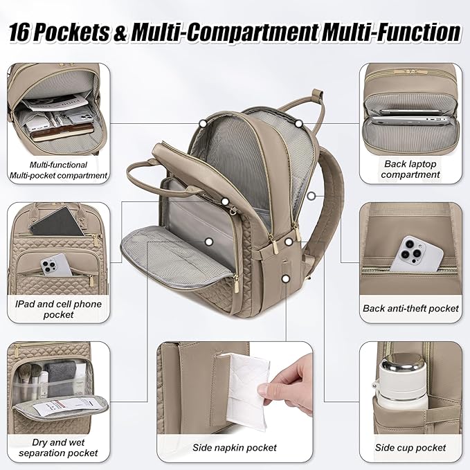 Laptop Backpack for Women,15.6 Inch Laptop Backpack for Work,Water Resistant Travel Backpack,College Bookbag with Wallet (Khaki)