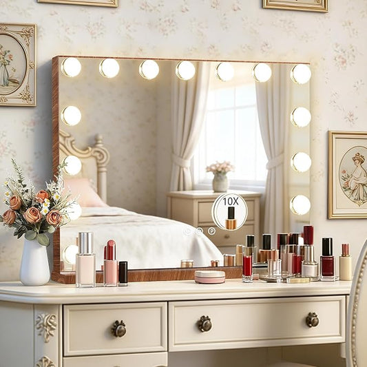 Ratsamee Wood Grain Hollywood Vanity Mirror with Lights, 15 Dimmable Bulbs, 3 Color Lights,Make Up Lighted Mirror, Aluminum Metal Frame, USB Charging Port（23" x 18"）