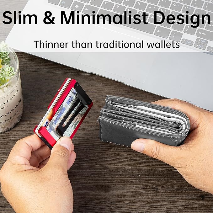Minimalist Carbon Fiber Wallet for Men, Money Clip Cash Strap Wallet, RFID Blocking Metal Wallet Aluminum Card Holder,Front Pocket Wallet(Matte Red)