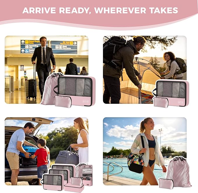 8-Piece Compression Packing Cubes for Travel, Stylish Luggage Organizer Set for Women, Space Saving Travel Essentials, Perfect for Vacation Cruise, Weekend Getaways & Carry-On Packing - Light Pink