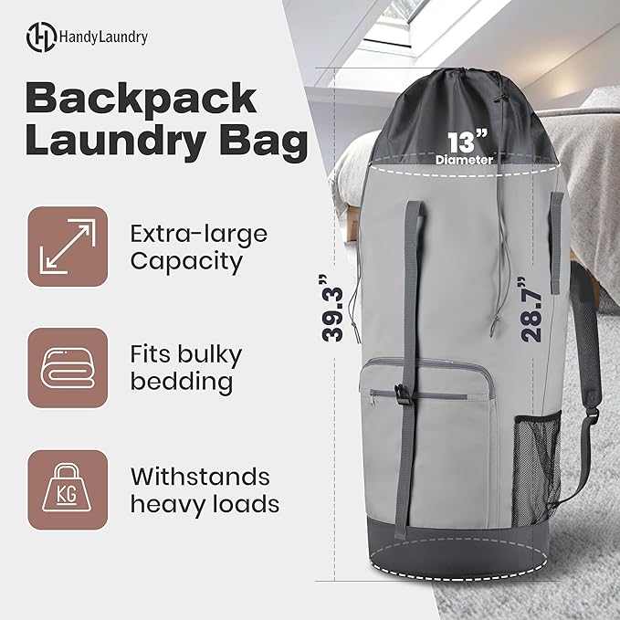 Laundry Backpack - XL Heavy Duty Laundry Bag Holds 3-4 Loads - Adjustable Straps, Drawstring Closure, Pockets & Handles - Durable Hamper for College, Travel & Laundromat - Grey