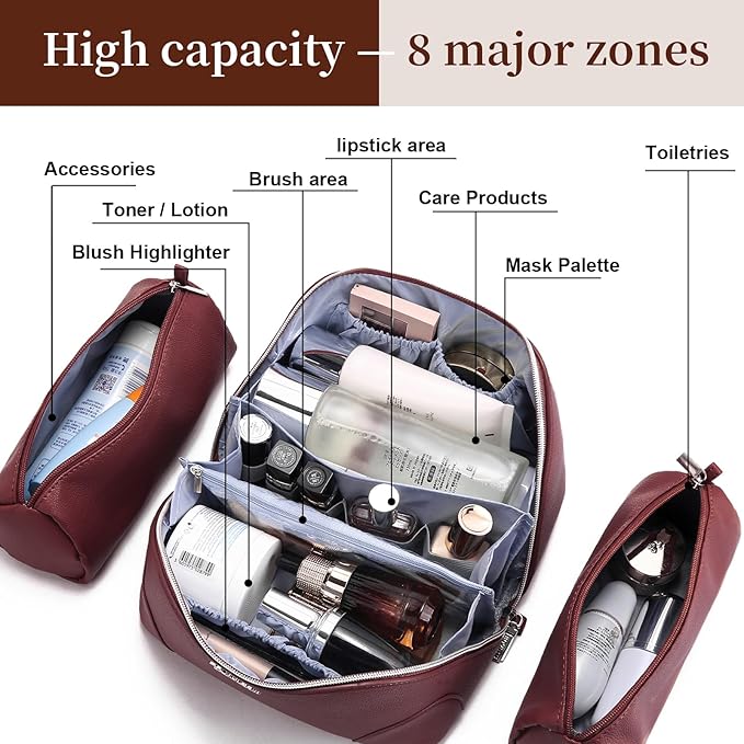 BOYATU Travel Makeup Bag Cosmetic Bags for Women: 3 Pcs Set Large Capacity Make up Bag with Handle - Waterproof Vegan Leather Toiletry Bags Travel Essentials with Compartments(C-5-Red)