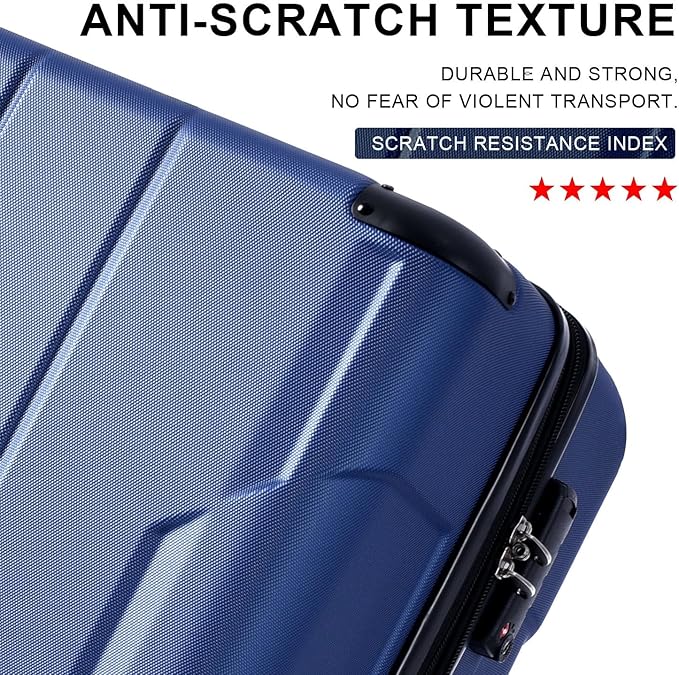24 Inch Checked-Large Luggage, Lightweight ABS Hard Shell Suitcase with Spinner Wheels, Expandable Travel Luggage with Combination Lock & Side Hooks for Men Women, Blue