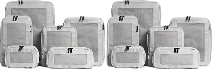 Aerotrunk Compression Packing Cubes for Travel - Luggage Organizer Bags - Double Zipper Packing Cubes for Suitcases (12-Pack, Light Grey)
