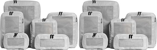 Aerotrunk Compression Packing Cubes for Travel - Luggage Organizer Bags - Double Zipper Packing Cubes for Suitcases (12-Pack, Light Grey)