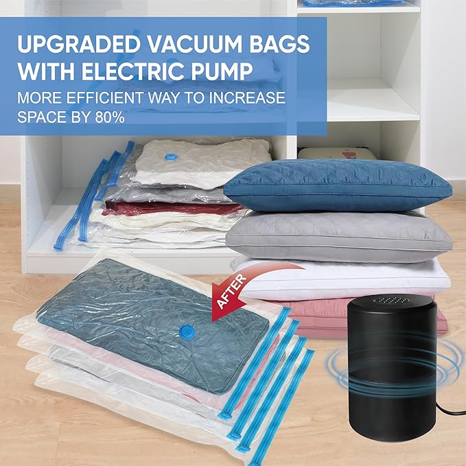 Vacuum Storage Bags with Electric Pump, Space Saver Vacuum Seal Bags with Pump, Sealer Compression for Clothes, Comforters, Blankets, Bedding, 15 Large