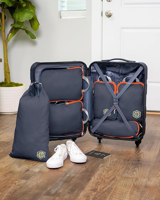 Compression Packing Cubes 6 Piece Set for Carryon Suitcases- Lightweight, Durable Clothes Organizer (Grey and Orange)