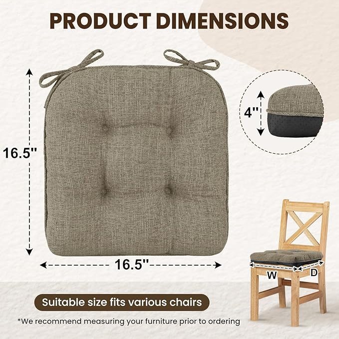 downluxe Indoor Chair Cushions for Dining Chairs, Tufted Overstuffed Textured Kitchen Chair Pads with Ties and Non-Slip Backing, 16.5" x 16.5" x 4", Khaki, 4 Pack