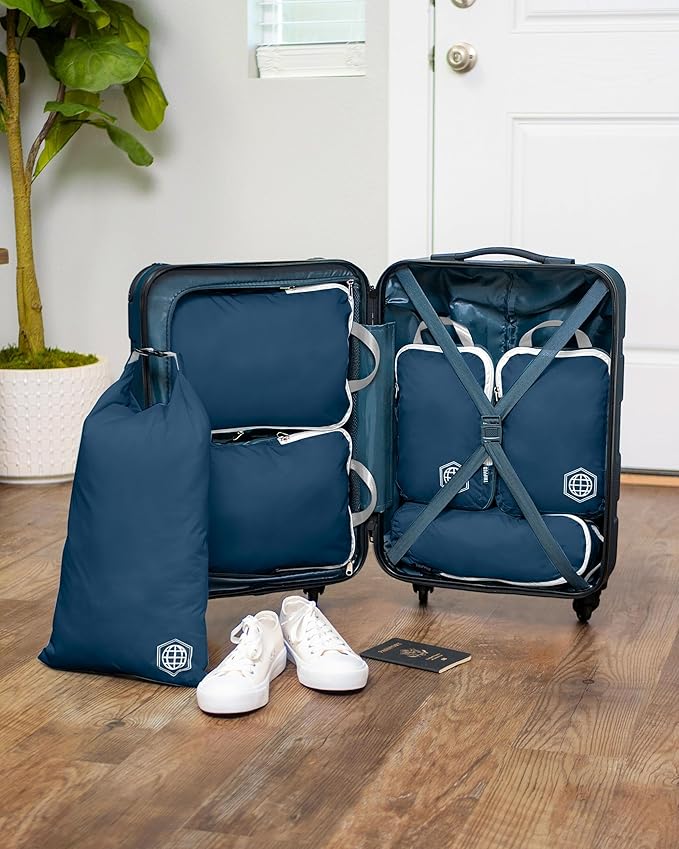 Compression Packing Cubes 6 Piece Set for Carryon Suitcases- Lightweight, Durable Clothes Organizer (Navy Blue)