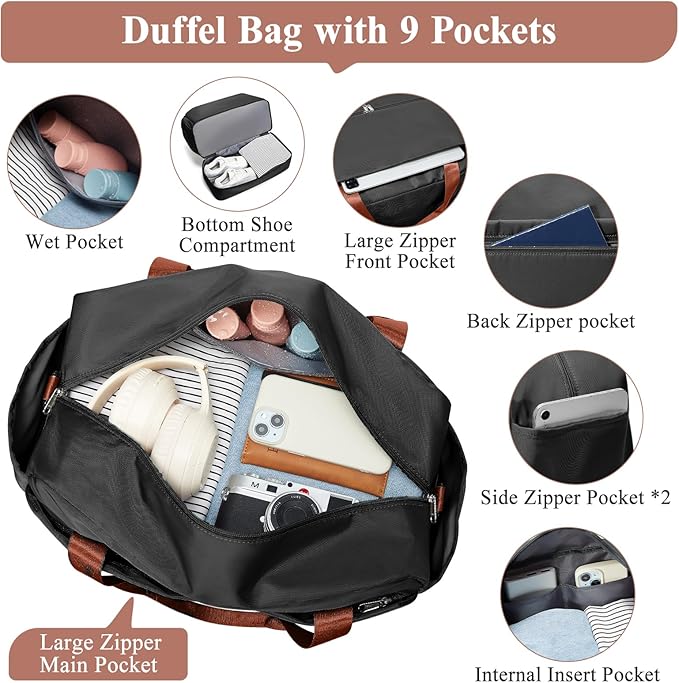 Travel Duffel Bags for Women, Carry-on Overnight Weekender Bag with Wet Pocket & Toiletry Bag, For Spirit Airlines 18x14x8 Personal Item Bag