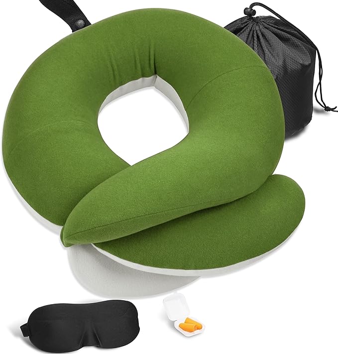 BUYUE Travel Neck Pillows for Airplanes, 360° Head Support Sleep for Long Flight, Skin-Friendly & Breathable, Kit with 3D Contoured Eye Mask, Earplugs and Storage Bag (Adult, Green, 90+ lbs)