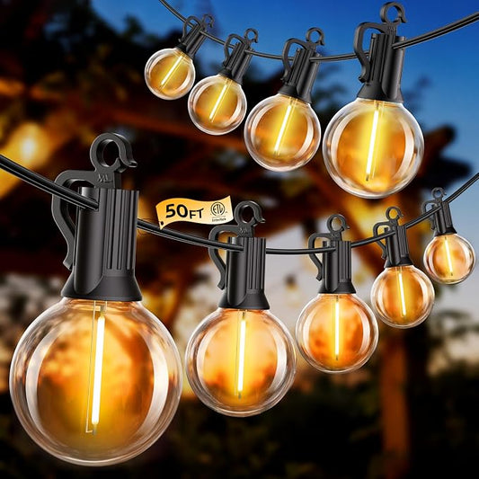 Outdoor String Lights, 50FT 50 LED Bulbs String Lights, IP65 Waterproof Connectable G40 Outside Patio Light for Backyard Porch Balcony Garden Decor Christmas Camping Gazebo