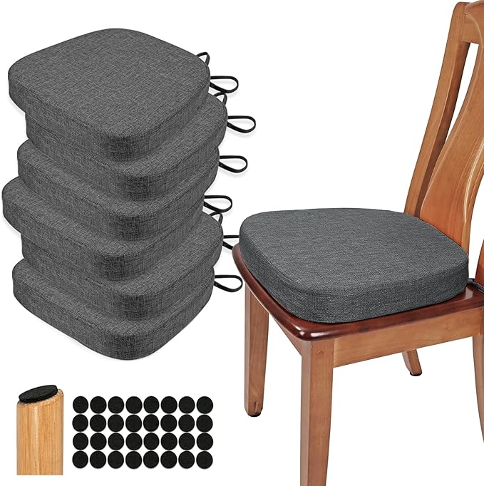 BUYUE Thickened 2.5" Dining Chair Cushions Set of 6, U-Shape High Density Foam Comfortable Chair Pads for Kitchen, Slip Resistant Indoor Seat Cushions (6 PCS, Dark Gray)