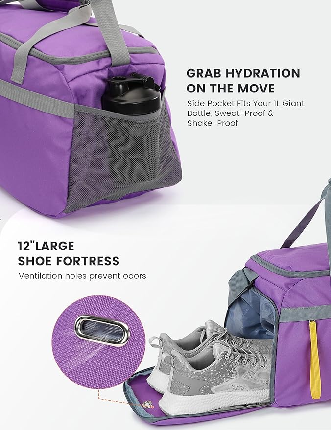 SKYSPER Gym Bag for Men & Women with Shoe Compartment, Carry-on Gym Duffle Bag for Travel and Sports, Workout Overnight Bag with Large Wet Pocket, Purple