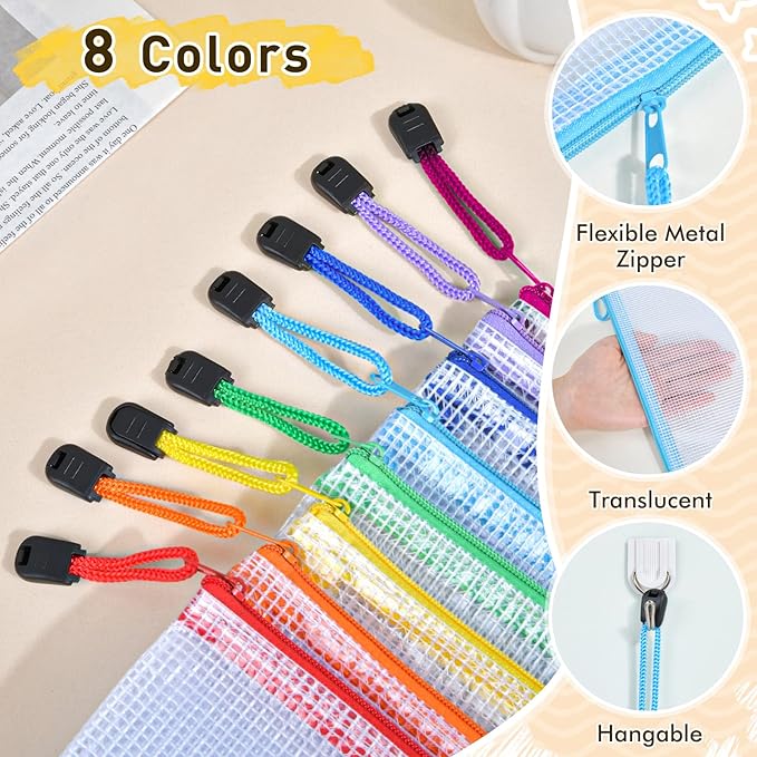 30pcs Mesh Zipper Pouch Bags, 8 Sizes Plastic Zippered Storage Bags for Organizing, Clear Pouches with Zipper, Waterproof Mesh Pouch for Office School Supplies, Home Organize, Travel Storage
