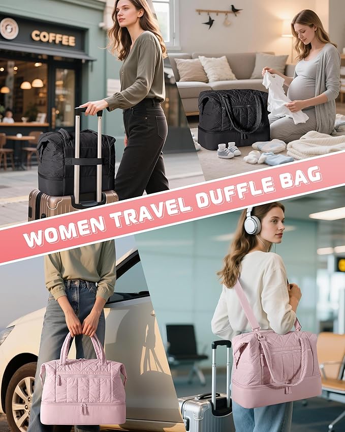 Quilted Duffle Bag with Shoe Compartment and Wet Pocket, Weekender Duffel Bag With Laptop Sleeve and a Separate Pouch for Travel, Gym, Hospital Labor Delivery, Black