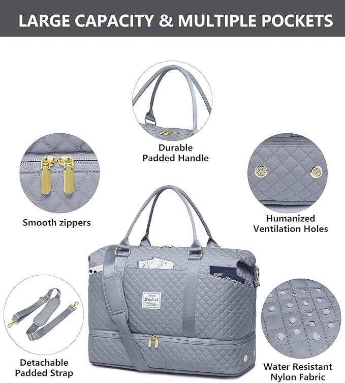 Travel Overnight Bag Weekender Bags- Duffle Bags Women with Shoe Compartment Carry on Overnight Bag with Toiletry Gym Duffel with Wet Pocket Hospital Bags Grey