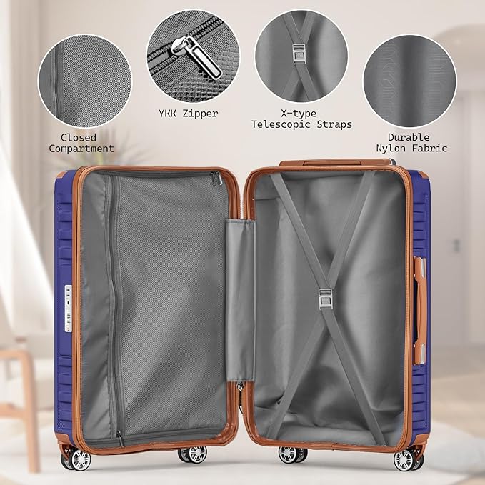 Melalenia Luggage Set 4 Piece Carry On, Hardside Suitcase with TSA Lock and Spinner Wheels, Carry-On Ailline Approved, Navy Brown