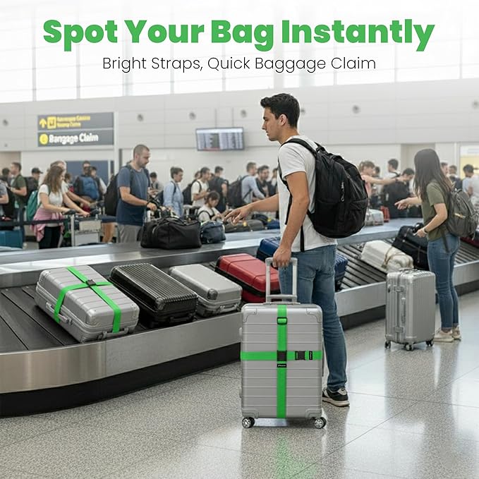 Luggage Straps for Suitcases, Adjustable Travel Suitcase Belts with Buckle Closure, Designed for Carry-On and Checked Luggage, Reusable Travel Accessory, Green - Pack of 4