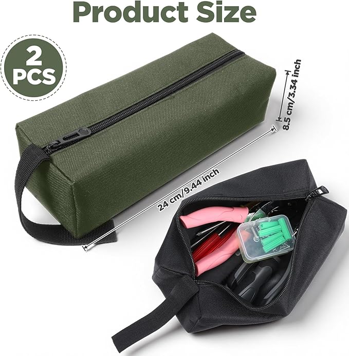 Tool Pouches With Zipper 2 Pack Multipurpose Small Tool Bags With Zipper, Heavy Duty Canvas Zipper Pouch For Screwdriver Tools For Electrician Storage, Black & Green