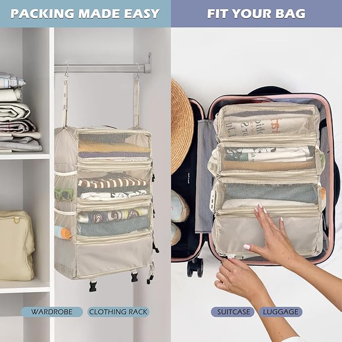 Surblue Travel Hanging Luggage Organizer Portable Suitcase Closet Organizer Multiple Compartments Collapsible Compression Packing Cubes Shelf, Beige, M