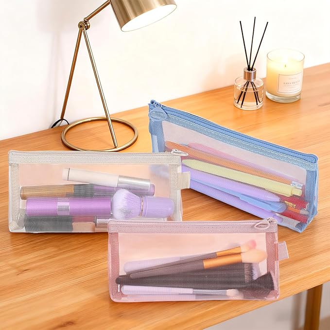 4 PCS Mesh Makeup Brush Bag, 4 Colors Small Makeup Pouch Portable Nylon Mesh Zipper Pouch Bags Multifunctional Clear Bags Stationery Storage Bag for Travel Office Home Accessories