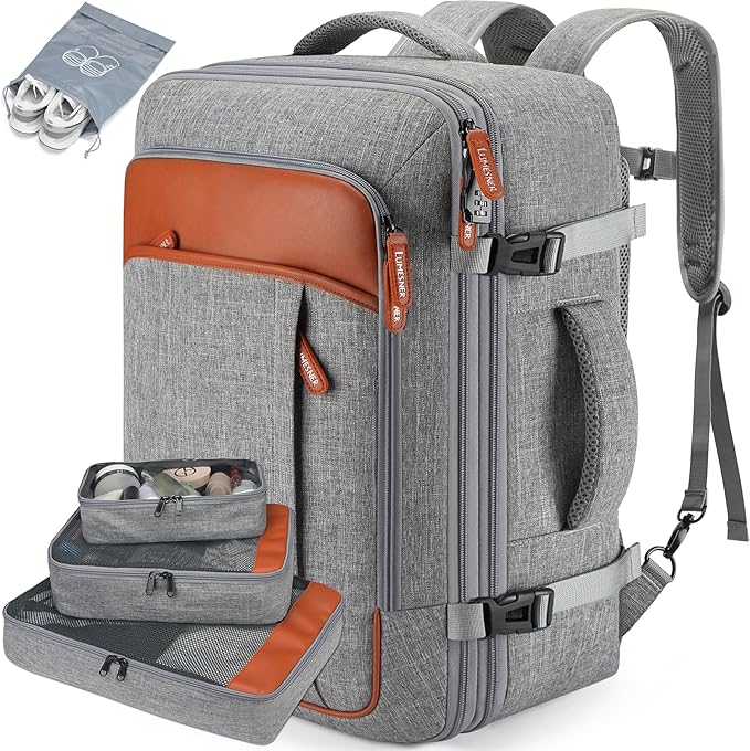 Lumesner Carry on Travel Backpacks, Extra Large 40L Flight Approved Bag for Men & Women,Expandable Suitcase Backpack With 4 Packing Cubes,Water Resistant Luggage Daypack Business Weekender Bag, Grey