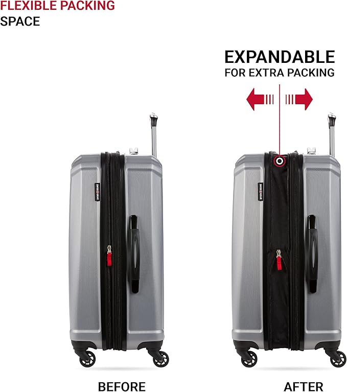 SwissGear 3750 Hardside Luggage with Spinner Wheels, Silver, Checked-Medium 23-Inch