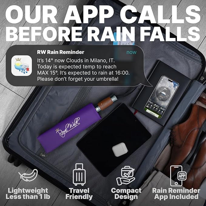 Royal Walk Windproof Folding Travel Umbrella Compact and Strong Luxurious Real Wood Handle Automatic Open Close Vented Double Canopy for Men and Women (Purple)