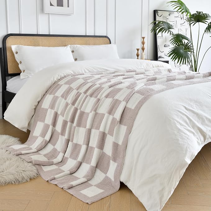 Checkered Blanket, Cozy Soft Throw Blankets for Couch Bed, Fluffy Plaid Lightweight Comfy Travel Picnic Blanket Gifts for Sofa Chair Living Room Camping (Ivory White, Twin 60"x80")