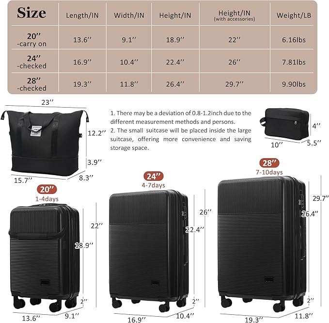 Merax Luggage Sets 5 Piece with Half-opening, Hardside 20" Carry On Suitcase Set with USB Port,Lightweight Travel 24" 28" Luggage with Bags TSA Locks Double Spinner Wheels,Black