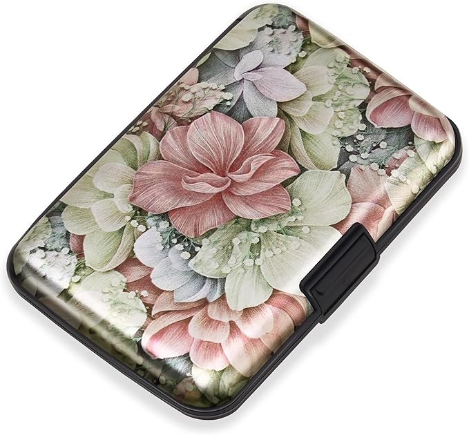 Mayski Credit Card Holder for Women, RFID Blocking, Aluminum Alloy Hard Case, Small Mini Metal Wallet for Women Men, Happy Flower