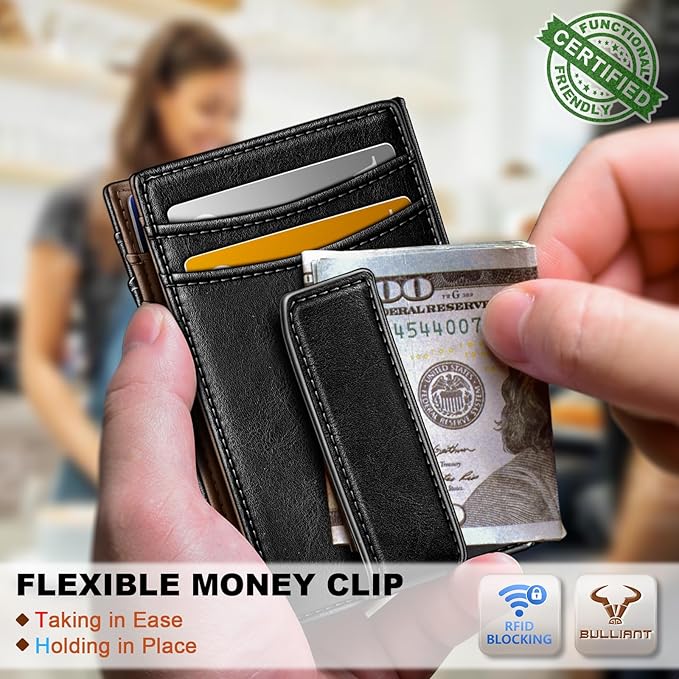 BULLIANT Magnetic Closure Slim Wallet-Genuine Leather Front Pocket Wallet for Men,RFID Blocking,Holds 12 Cards and Money Clip