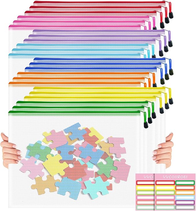 Mesh 24pcs Zipper Pouch Bags - A3 Size, 8 Color Mesh Zipper Pouches for Organizing, Board Game, Travel, School & Office