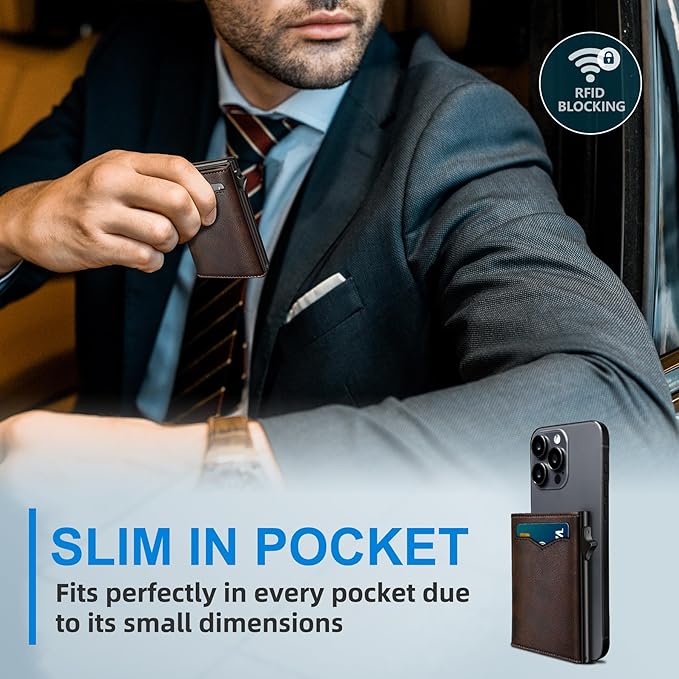 miyozi Wallet for Men,with Cash Pocket 2 ID Window 9-13 Cards,Metal Case Smart Slim Pop Up Credit Card Holder Flip with Magnetic Closure RFID Blocking Trifold wallet with Gift Box